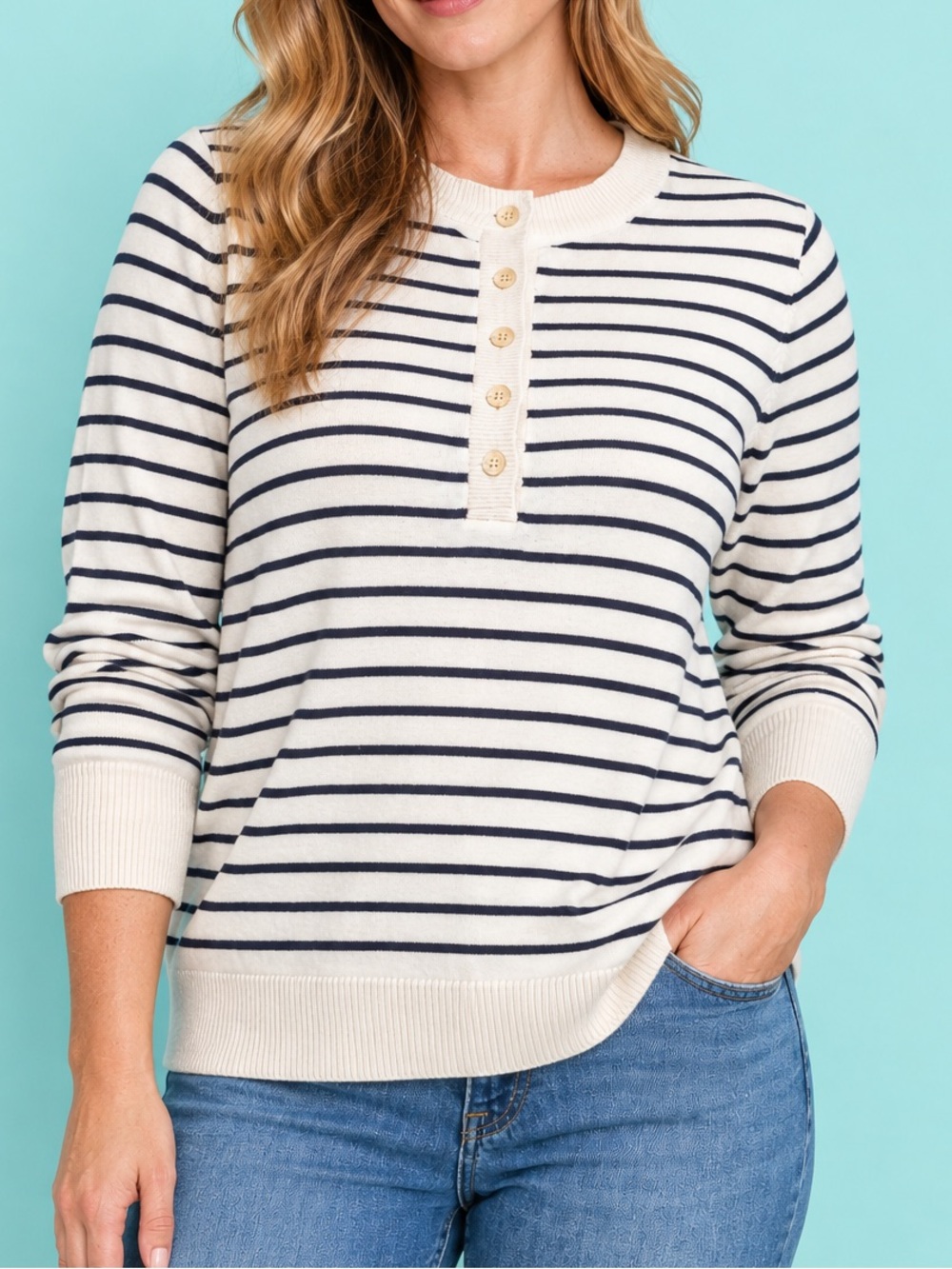 LOFT Striped Henley Sweater Navy Ivory Cotton Blend XL
